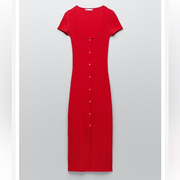 Zara Red Button-Front Ribbed Midi Dress - Picture 5 of 8